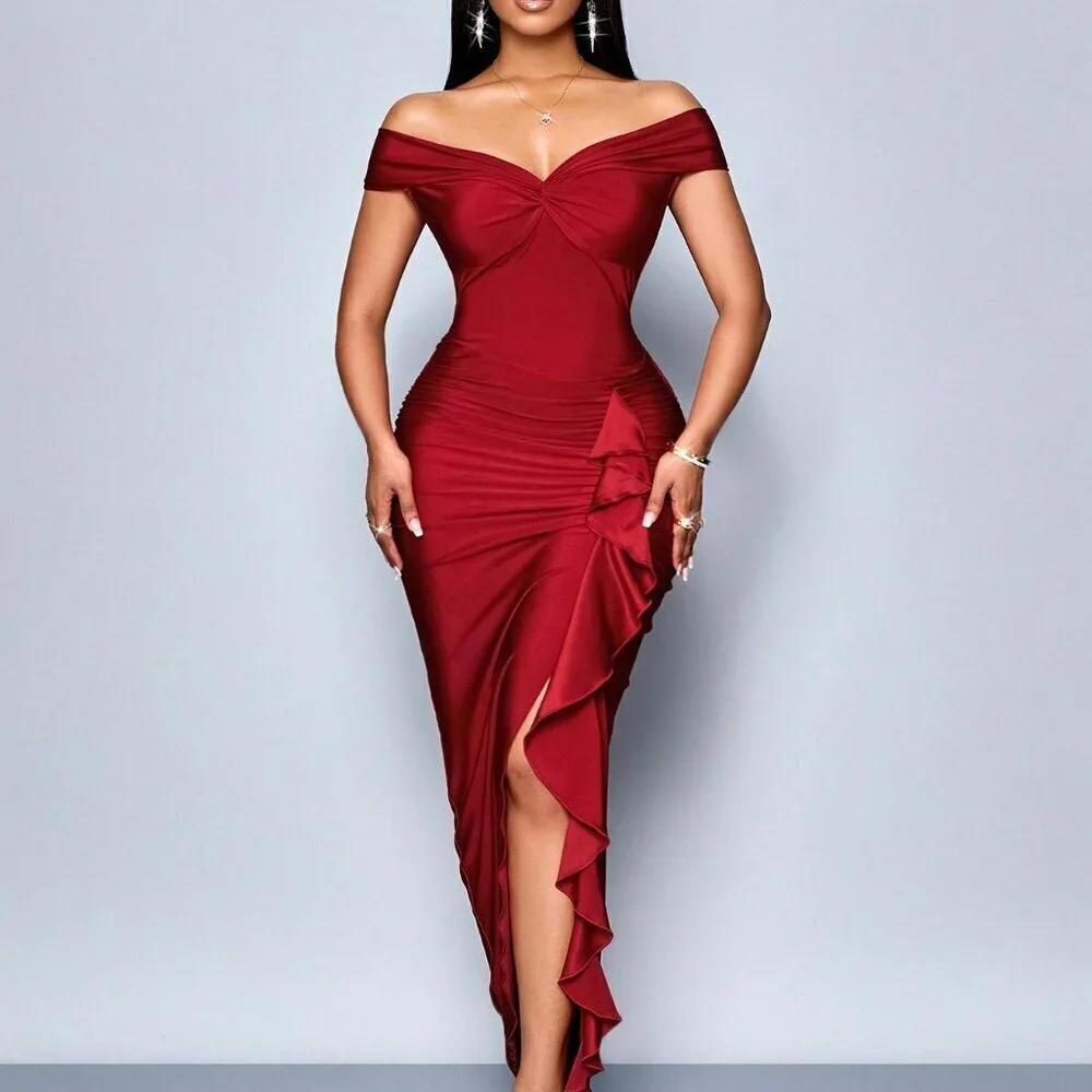 Red Elegant Women's Party Off-Shoulder Short Sleeves Center Front Maxi Dress - Picture 4 of 6